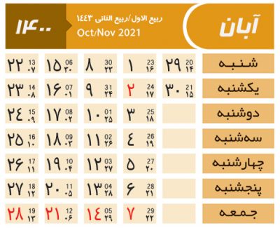 تقویم محتوایی 1400 - 2021 | تمام مناسبت ها و رویدادهای ایرانی و جهانی